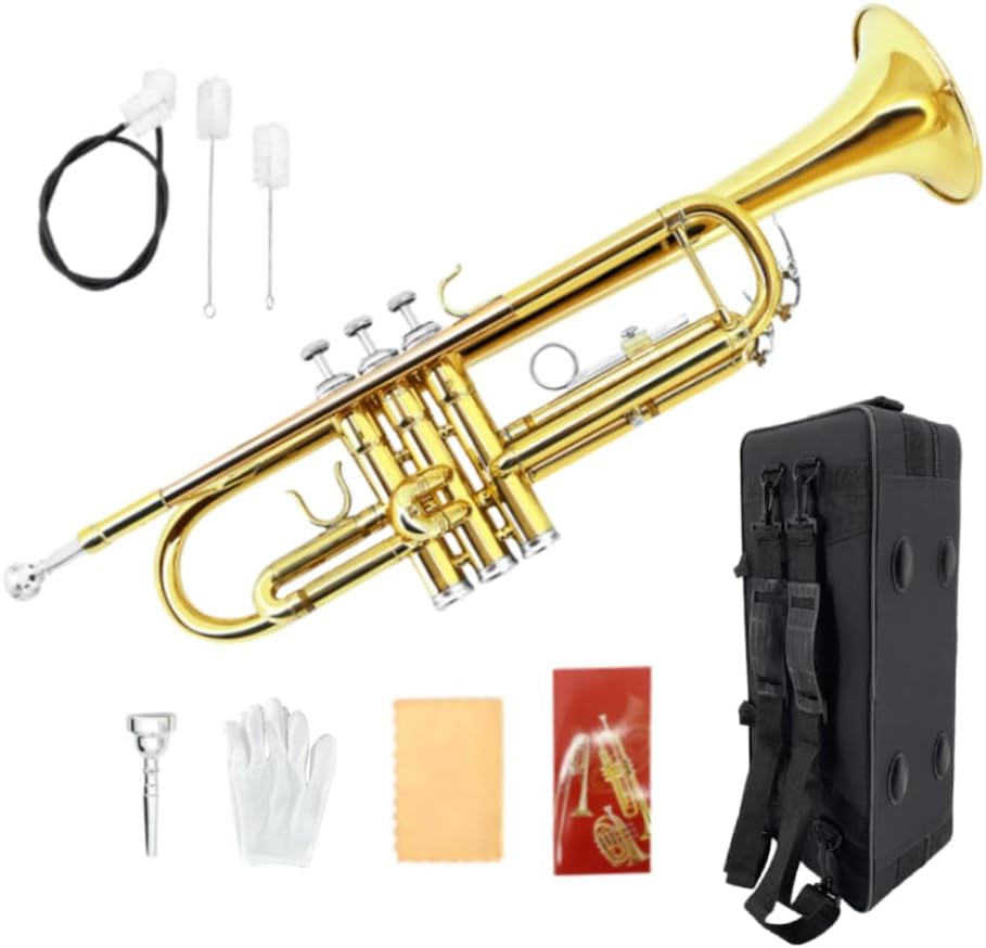 Bb Trumpet for Beginners – Standard B Flat Brass Instrument with 7C Mouthpiece, Hard Case & Cleaning Kit, Student Trumpet for Band Practice, Lessons & Gift (Golden)