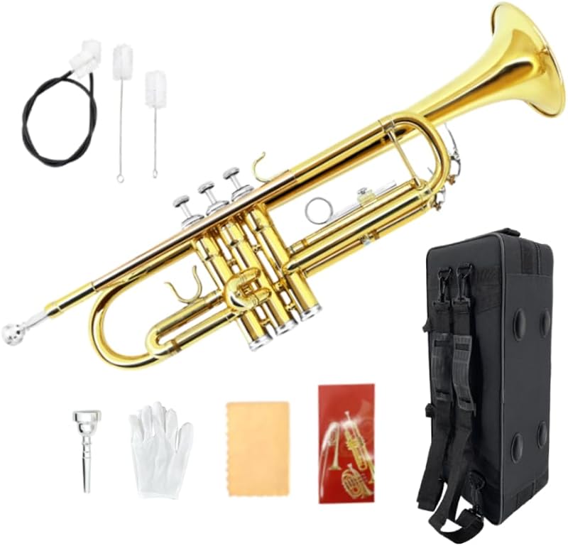Bb Trumpet for Beginners – Standard B Flat Brass Instrument with 7C Mouthpiece, Hard Case & Cleaning Kit, Student Trumpet for Band Practice, Lessons & Gift (Golden)