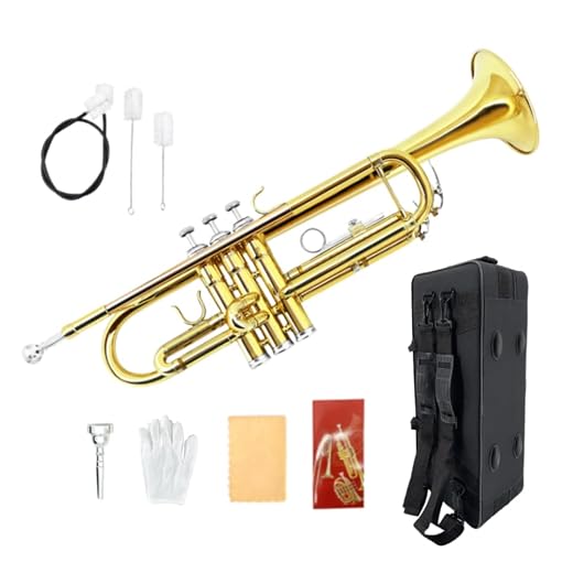 Bb Trumpet for Beginners – Standard B Flat Brass Instrument with 7C Mouthpiece, Hard Case & Cleaning Kit, Student Trumpet for Band Practice, Lessons & Gift (Golden)