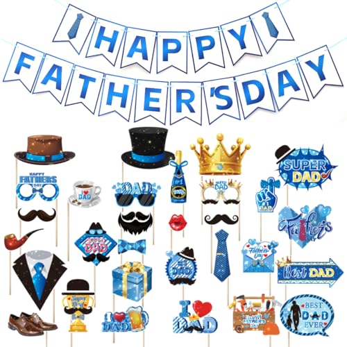 Image of Happy Father's Day Decorations Banner and Photo Props Set, 30 PCS Fathers Day Decor Set DIY Funny Party Supplies Favors Accessories for Home Wall Fireplace Mantel Photography
