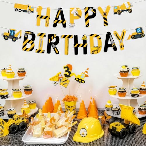 Image of Hooqict Happy Birthday Banner Construction Birthday Party Supplies for Kids Boys 1st 2nd 3rd Construction Party Banner Garland Decorations Excavator Dump Truck Tractor Sign