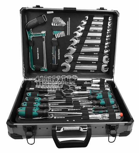 Brüder Mannesmann Alu-Werkzeugkoffer, 133-teilig - Werkzeugset mit Werkzeug aus Chrom-Vanadium-Stahl - inkl. Schraubendreher, Zangen, Gabelschlüsselsatz, Spannungsprüfer, Stecknüsse & Bits | M29079