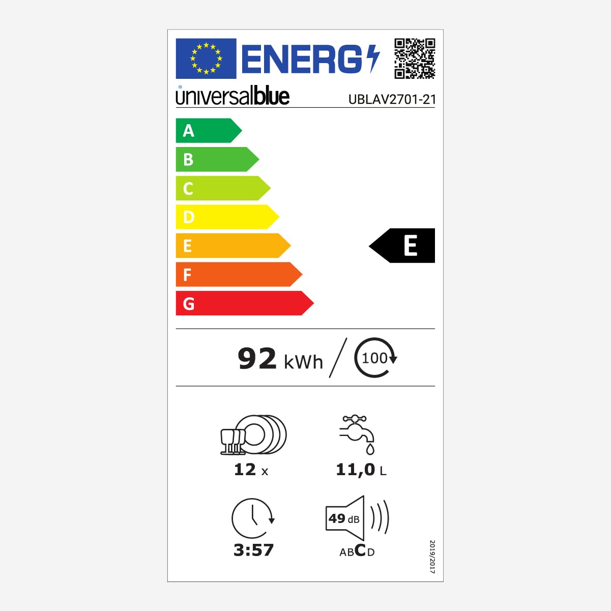 UNIVERSALBLUE Lavavajillas Digital Cristal Blanco Semi Inegrable 60 cm | 5 Programas de Lavado | 12 Servicios | INCLUYE SUBIDA A PLANTA