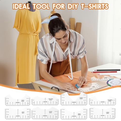 Regla De Alineación De Camisetas, 8 Piezas Regla De Camiseta PVC con Cinta Métrica De 1,5 m 40 Agujas 3 Lápices De Colores, Herramientas De Alineación De Camisetas, Guía De Reglas De Camiseta