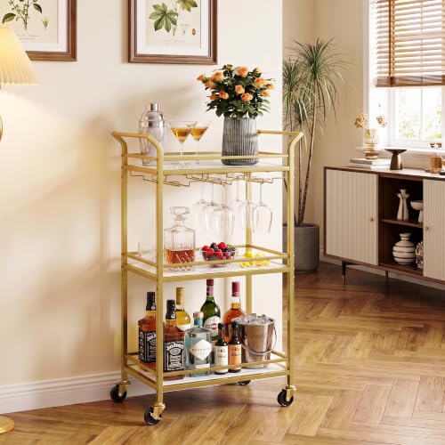 VASAGLE Bar Cart, Home Bar Serving Cart with 3 Tiers, Kitchen Shelf with Wine Rack, Glass Holders, for Small Spaces, Dining Room, Living Room, Pale Gold ULRC101A01