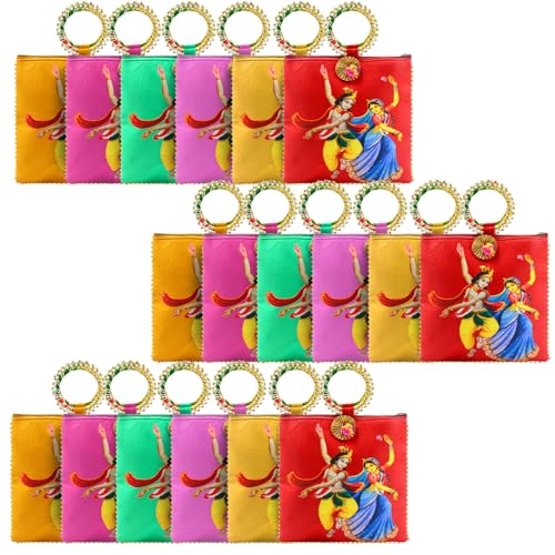 Image of Women Potli Bags Pack of 18 | Gifting Potli with Zip & Bangle Handle | Traditional Shagun Return Gifts Potli for Mehandi, Haldi, Baby Shower, Wedding, Sangeet (Radha Krishna)