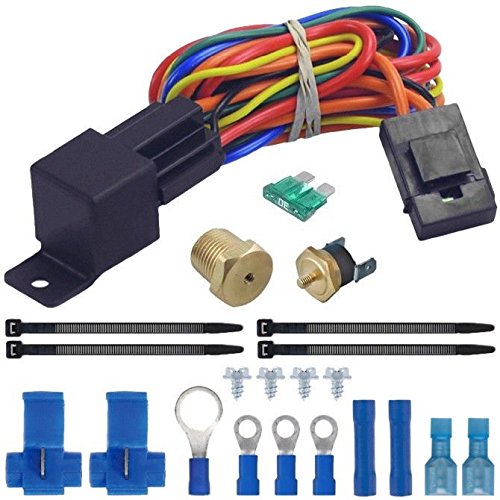 Electric Radiator Fan Thermostat Wiring Relay Switch Temperature Sensor Kit (1/8" NPT, 190'F On - 175'F Off)