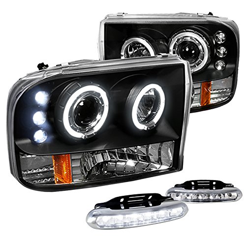 Spec-D Tuning for Ford F250 F350 F450 F550 Black Halo Projector Headlights w LED Bumper Fog Lamp