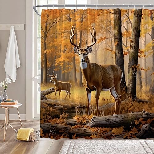 Fall Forest Deer Shower Curtain Rustic Wild Animal Deer Moose Elk Autumn Farmhouse Safari Hunting Nature Bathroom Decor Fabric Curtain with Hooks