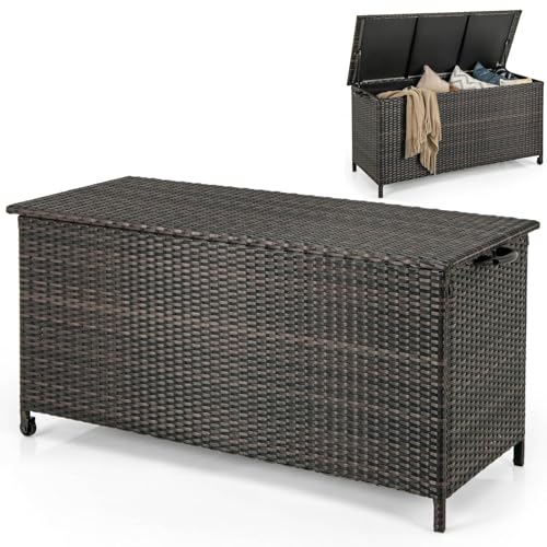 COSTWAY 320L Garden Storage Box, Waterproof Rattan Deck Box with Wheels, Handle, Zippered Liner & Gas Strut, Indoor Outdoor Patio Wicker Chest Container Table for Cushion Tool Toy (Vertical Style)