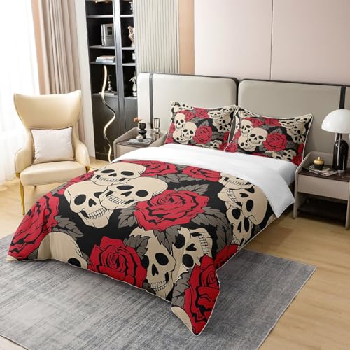 Sugar Skull 100% Cotton Duvet Cover Double,Red Floral Comforter Cover,Gothic Skull Print Bedding for Kids Boys Girls Teens Adult,Horror Skeleton Bones Quilt Cover with 2 Pillow Cases Halloween Decor - Image 2