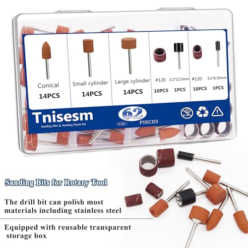 Image of Tnisesm 64Pcs Sanding Bits & Sanding Drum Set for Dremel Rotary Tool with Box, Aluminium Oxide Tough Enough to Metal Rust Removal /Smoothing /Sharpening, Different Shape Meet More Needs