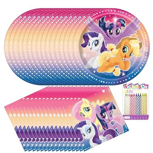 Assiettes My Little Pony pour anniversaire de 16 enfants, avec bougies et serviettes