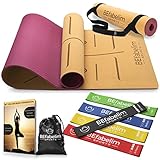 BEfabelim® Ökologische Yogamatte Kork rutschfest, 6mm dick, extra breit, Fitnessband 5er Set verschiedene Stärken mit Tragebeutel & E-Book, Nachhaltige Yoga Matte aus Kork 183x66x0,6 cm