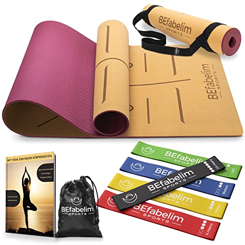 BEfabelim® Rutschfeste Yogamatte Aus Kork & TPE, Inkl. Fitnessbänder 5er Set, Tragegurt & E-Book, 6mm Dicke, Extra Breit, Nachhaltige Yoga Matte Für Fitness, Gymnastik, Pilates 183 x 66 x 0,6 cm