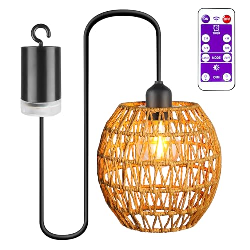 Aicharynic Hängelampe mit Batterie & Fernbedienung, Rattan Pendelleuchte kabellos mit Timer, Vintage Hängeleuchte für Balkon, Terrasse,...