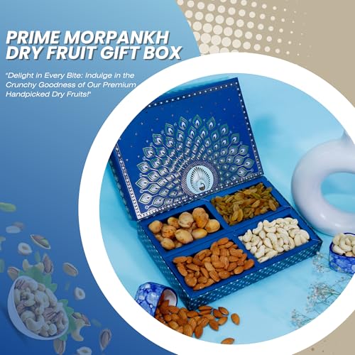 Image of Riwaz Prime Morpankh Peacock Designer Dry Fruit Gift Box | Premium Almond, Cashew, Pistachio & Khumani | Luxury Festive Hamper for Diwali, Wedding & Corporate Gifting