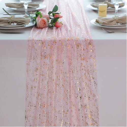 Pink and Gold Table Runner 10 Ft Metallic Foil Glittery Sheer Gauze Decor
