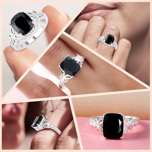 Black Tourmaline Ring in 925 Sterling Silver - October Birthstone Rings for Women - Engagement Promise Floral Statement Vintage Solitaire Tourmaline Jewelry Birthday Gifts for Womens2