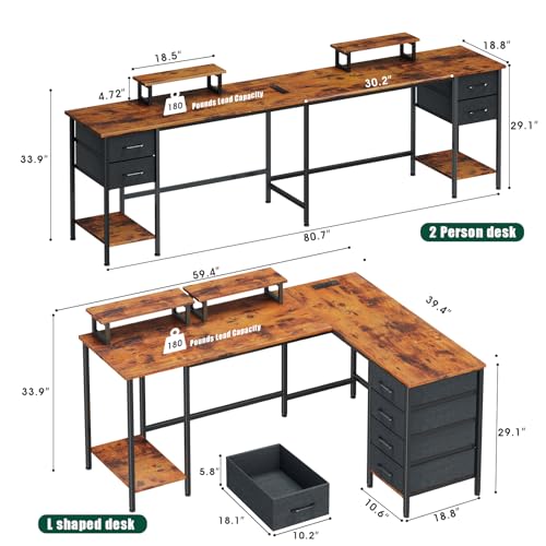 59 inch L Shaped Computer Desk with Power Outlets, Home Office Desk with 4 Adjustable Storage Drawers & 2 Monitor Stands, Two Person Gaming Table for Bedroom, Rustic Brown