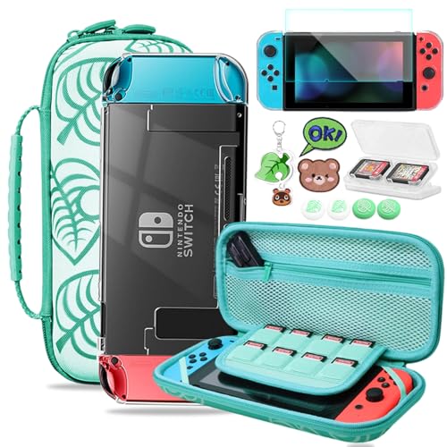 Switch Accessories Bundle for Nintendo Switch, Switch Protective Case Clear, Animal Crossing Switch Carrying Case, Switch Screen Protector, Game Card Case, Thumb Grips Cap, Portable Hard Shell - Green -  Sunmike