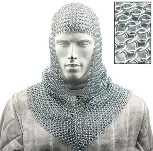 Image of AnNafi Medieval Knight Armor Crusader Helmet + Aluminium Chainmail Coif Headpiece Hood V-Neck+ Helmet Stand, Larp Knight Crusades Costume Templar Reenactment Cosplay, Medieval Costumes Helm Armor SCA