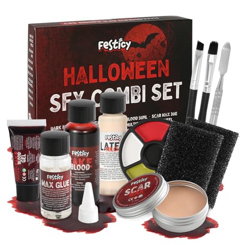 Festicy Effetto speciale per Halloween, set completo SFX con sangue artificiale, lattice, cera cicatrice e accessori, sangue artificiale per pelle e vestiti, trucco per Halloween per costumi