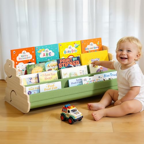 LAMU Kids Bookshelf 4 Tier Solid Pine Wood Toddler Bookshelf Book Shelf for Kids Rooms Portable Montessori Bookcase Childrens Book Storage Display for Babys Bedroom Nursery Playroom (Dinosaur)