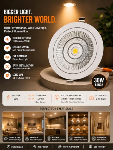 Image of KUSUM 30 Watt White Reflector Concealed LED Ceiling COB Round Spot Light with Focused Beam | Neutral White, Pack of 1 (4000K) | Energy Efficient LED Ceiling Light for Home and Office
