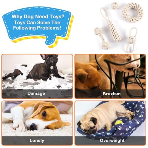 GOMETY 5 PCS Kauen Hundespielzeug Set,Interaktives Kauspielzeug aus Natürlicher Baumwolle,Hundespielzeug Seil mit Knoten Ball,für Kleine Mittlere Große Welpen Katzen Haustier Zahnpflege,Beige Leinen
