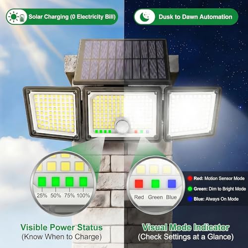 Solar Outdoor Lights Motion Sensor, 2500LM 286 LED Security Flood Lights with Visual Battery & Mode Display, 3 Lighting Modes, IP65 Waterproof 3-Head Wide Angle for Garage, Yard, Patio (2 Pack)