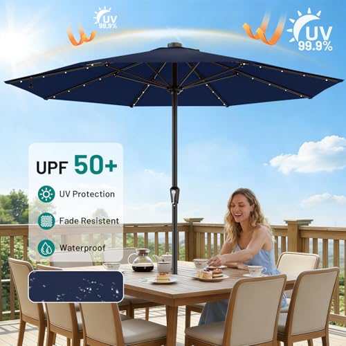 Image of AreShark 11FT Large Patio Umbrella with Solar Lights, Lighted Solar Umbrella with Crank, Outdoor Table Market Umbrellas for Garden, Deck, Backyard, Pool and Beach, Navy