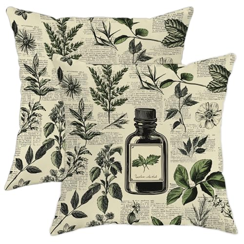 Herbal Pillow Covers Set of 2, Botanical Leaf Print Throw Pillows Case, Nature Decorative Square Farmhouse Decor Cushion Covers for Home Sofa Bed Couch 16x16 Inch