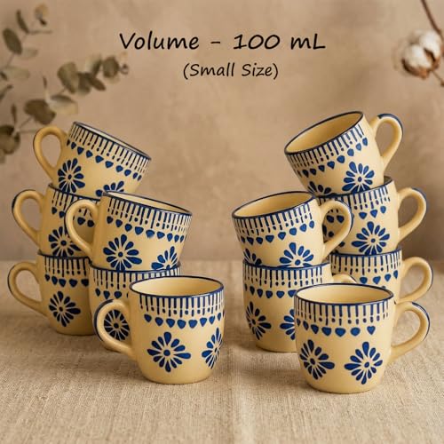 Image of HandPainted Ceramic Tea Cups Set of 12 Small Coffee Chai Serving Mug Microwave Safe | Ideal Gift for Anniversary, Housewarming Parties | Gifts Set for Family&Friends 100 ML Each (Blue Floral Jhallar)