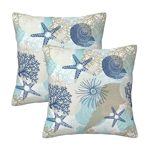 Beach Ocean Starfish Seashell Nautical Coastal Throw Pillow Covers 16x16 In Farmhouse Pillow Case Soft Outdoor Cushion Covers Set Of 2 For Sofa Bed Bedroom Car Chair Living Room Home Decorative