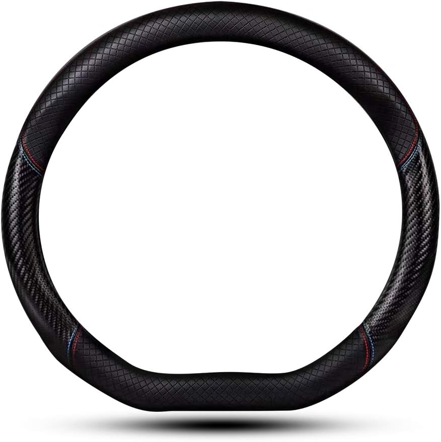 Car Carbon Fiber and Leather D-Shape Steering Wheel Cover, Stylish car Non-Slip Leather car Interior 15 inches Universal Red and Blue