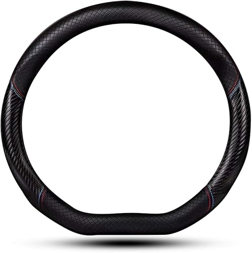 Funda de volante de fibra de carbono y cuero en forma de D, elegante funda de cuero antideslizante para automóvil, interior de automóvil de 15