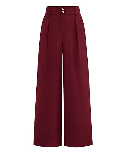 BTFBM Women Wide Leg Dress Pants 2025 High Waisted Button Pleated Business Casual Trousers Office Work Palazzo Pants - Wine Red - X-Large