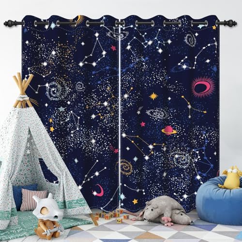 Ruelvth Galaxy Blackout Curtains for Kids, Moon and Star Window Curtains for Boys Girls Bedroom Blue Nursery Window Curtains with Grommets, 53x96 Inch, 2 Panels