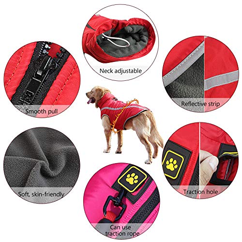 Idepet Wasserdichter Hundemantel Winter Warme Jacke, Winddichte Haustierkleidung Hundejacke Outfit für kleine mittelgroße Hunde mit Geschirrloch XL-6XL Rot
