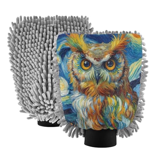 ALAZA Owl Starry Sky Car Wash Mitt Scratch Free, 2 Pack Absorbent Microfiber/Chenille Washing & Drying Mitts, L