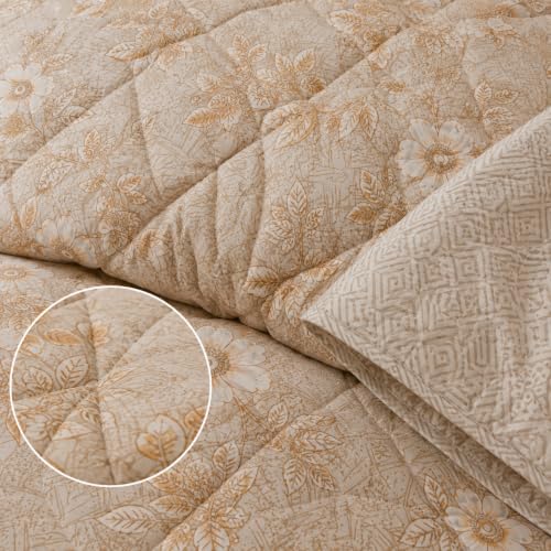 Image of 100% Cotton Quilted Comforter Set with 2 Matching Pillow Covers | Floral Print, Lightweight Breathable Bedding for Mild Winters | 90 inch x 100 inch, Beige