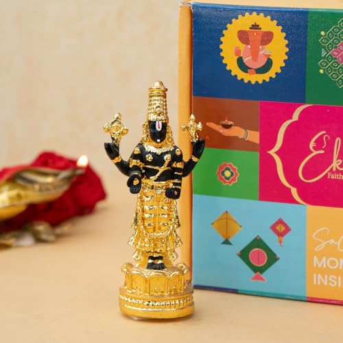 Image of Ekhasa 24K Gold Plated Tirupati Balaji Venkateshwara Idol with Gift Box | Resin Perumal Statue for Table Pooja Room Home Decor Office Desk | Religious Housewarming Griha Pravesh Gift