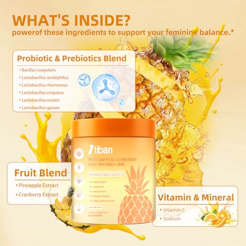 Image of Pineapple Gummies for Women pH, Premium Feminine pH Balance Gummy, Vaginal Probiotics, Immune Support, Vegan, Gluten-Free, 60 Gummies 30 Servings
