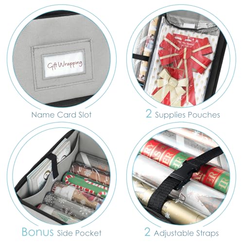 Image of Hearth & Harbor Wrapping Paper Storage Container - Christmas Storage Bag with Interior Pockets - Gift Wrap Organizer Fits Up to 22 Rolls of 40 inch - Tear Proof, Silver
