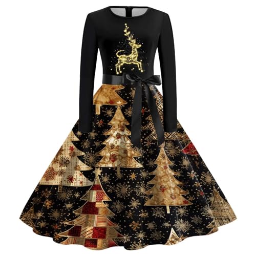 Celucke Weihnachtskleid Damen Elegant Weihnachten Kleid Langarm Weihnachts Kleider mit Weihnachtsmotive Funky Hepburn Weihnachtskleider A-Linie...