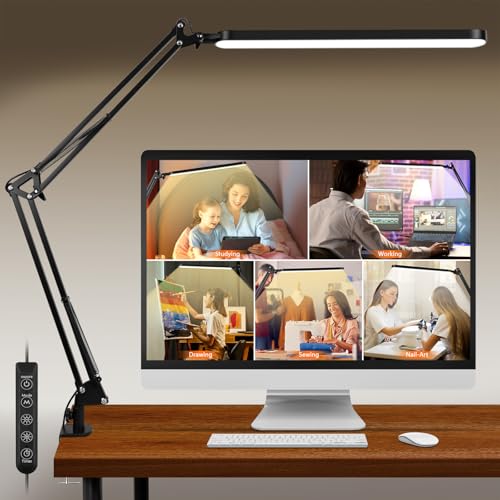 BIENSER New LED Desk Lamp with Clamp, 11 Brightness Levels, 5 Color Modes, 45min Auto Timer, Bigger Swing Arm, Larger Lampshade with 112 LEDs & Brighter Lighting, Eye-Caring Desk Light for Home Office