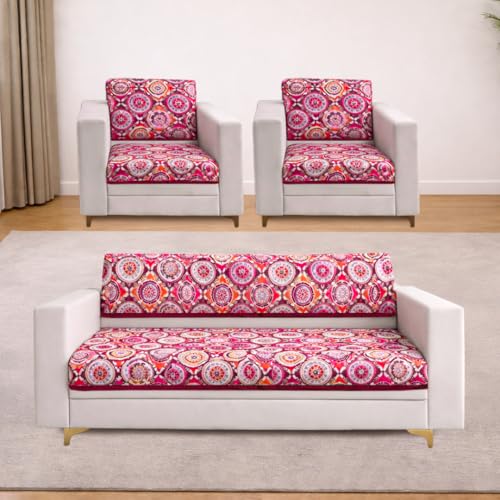 Image of Homerz Premium 5 (3+1+1) Seater Velvet Sofa Panel Cover with Digital Prints | Anti-Slip Backing (Pink Rangoli, 5 (3+1+1) Seater with Back)