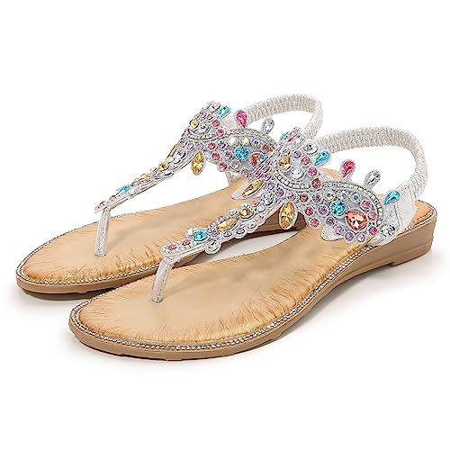 Women's Beaded Rhinestones Sandals T-Strap Bohemian Sandals Breathable Dressy Summer Shoes Outdoor2