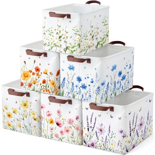 Image of Fourluoo 6 Pack Floral Storage Basket with Handles Clothes Storage Basket Bin Foldable Box Bins Organizer for Closet Shelf Nursery Kid Room Book Toy Chest(6,Flower)